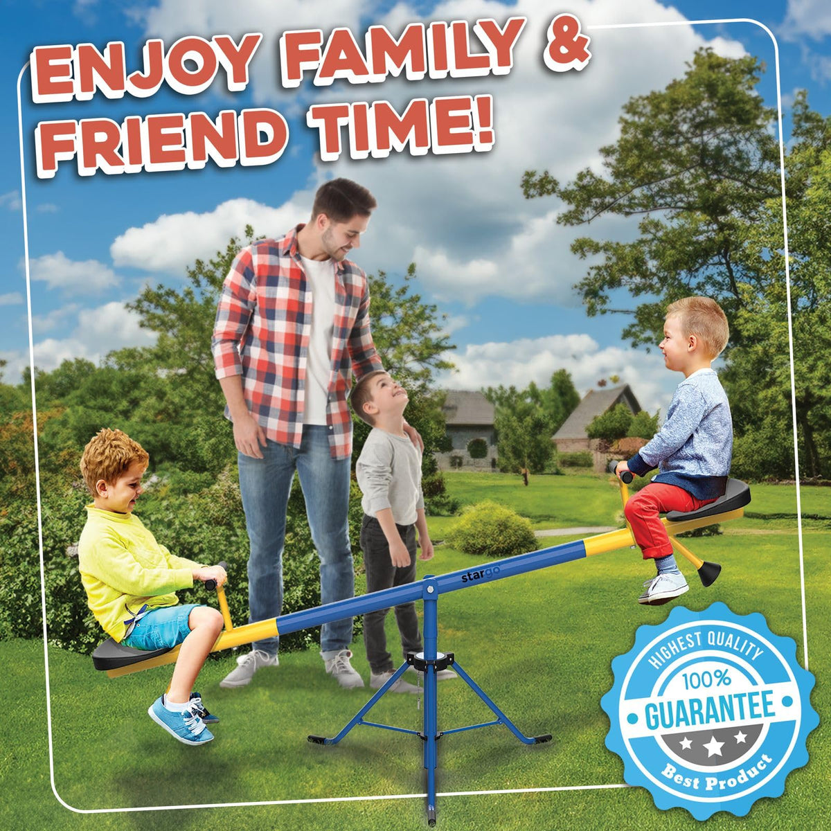 Stargo outdoor-play teeter totter for indoor or outdoor versatile use.