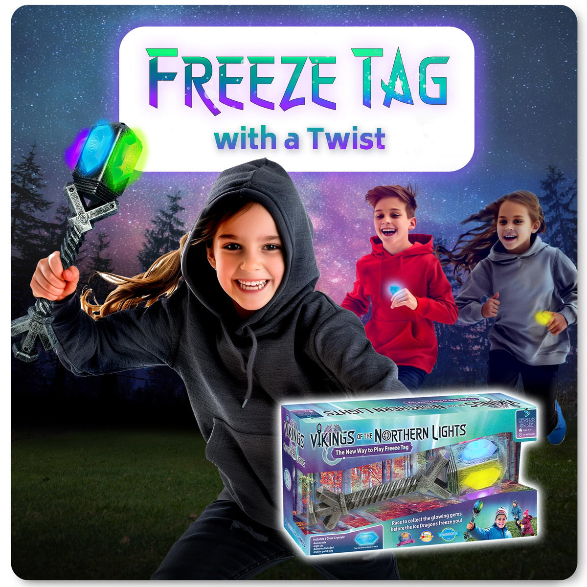 Starlux Games Vikings glowing gems illuminate nighttime treasure hunts and glow-in-the-dark fun.