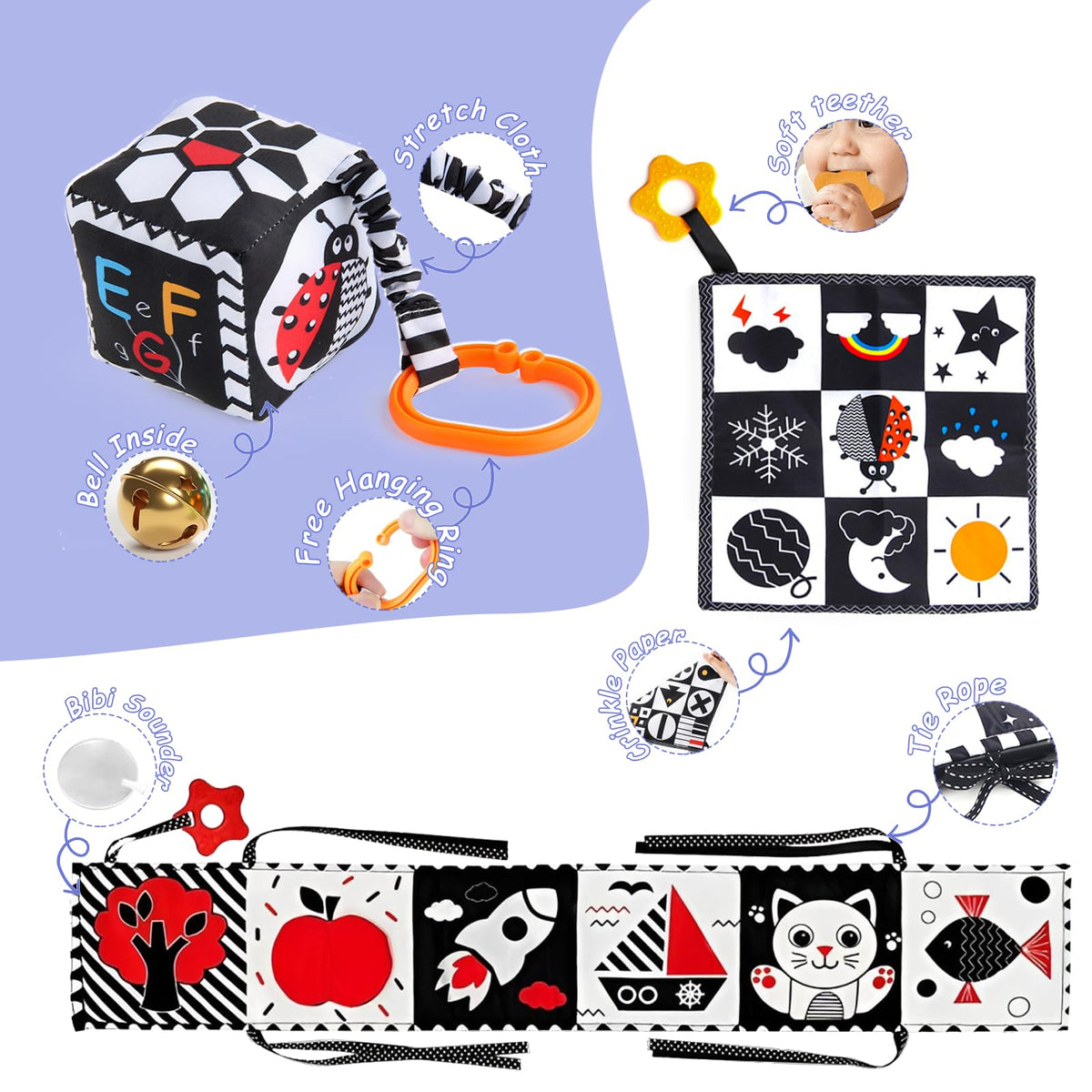 Starrykids black-white saliva-square toy for tactile exploration and teething-safe fun