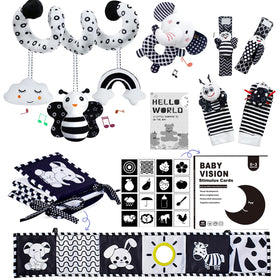 Starrykids BW car seat toy with clouds, bees, rainbows to stimulate attention and early vision.