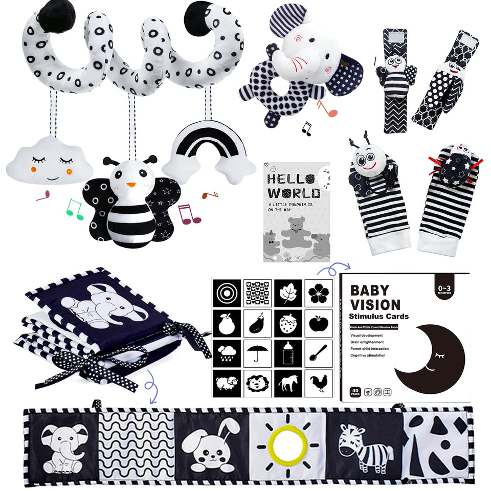 Starrykids BW car seat toy with clouds, bees, rainbows to stimulate attention and early vision.
