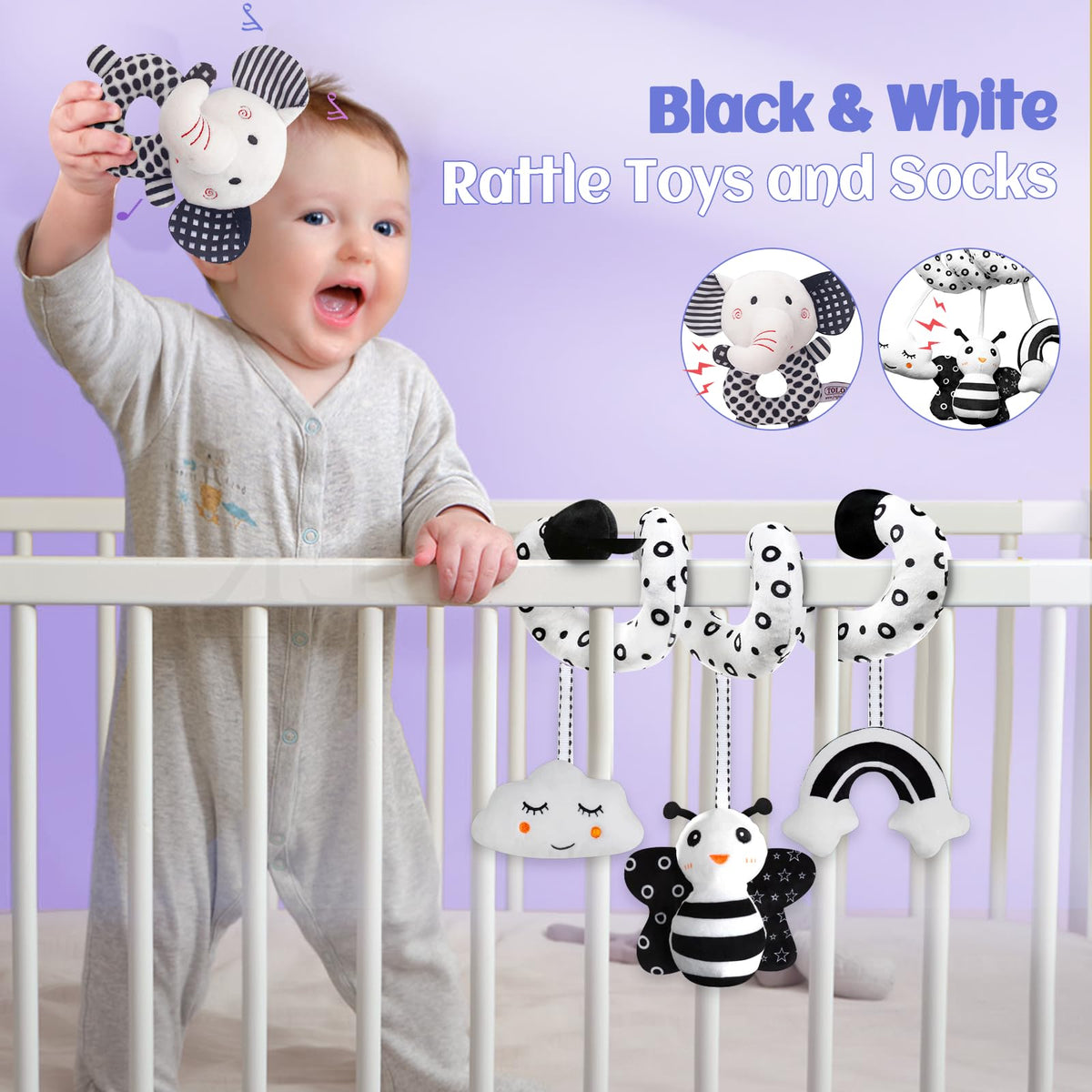 Starrykids BW elephant rattle supports hearing and grasp during play.