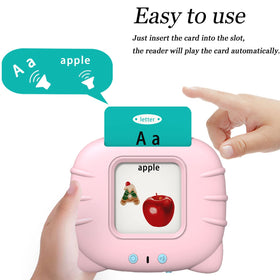 Startcan reader slot demonstrates automatic word playback for each card.