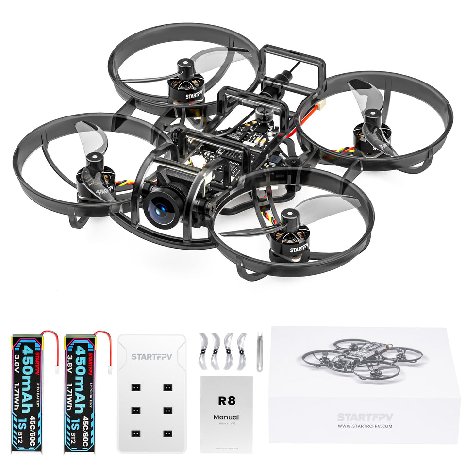 STARTFPV R8 80mm frame showcases light, nimble build for precise indoor flights.