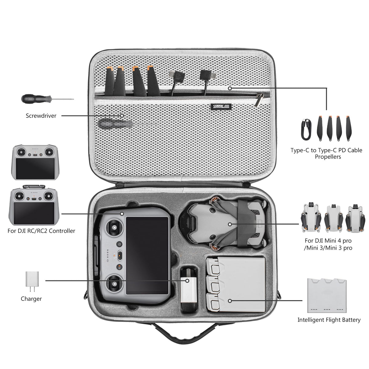 STARTRC Mini 4 Pro accessories stay neatly organized with the compact interior layout.