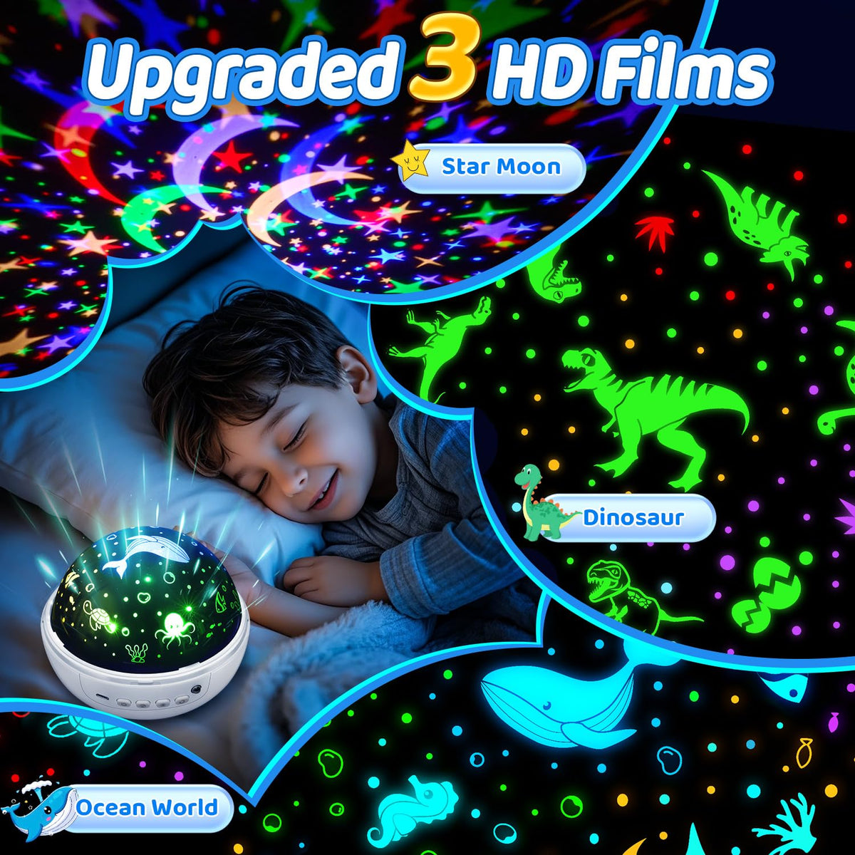 Staryou projector creates starry ceiling scenes for calming nights.
