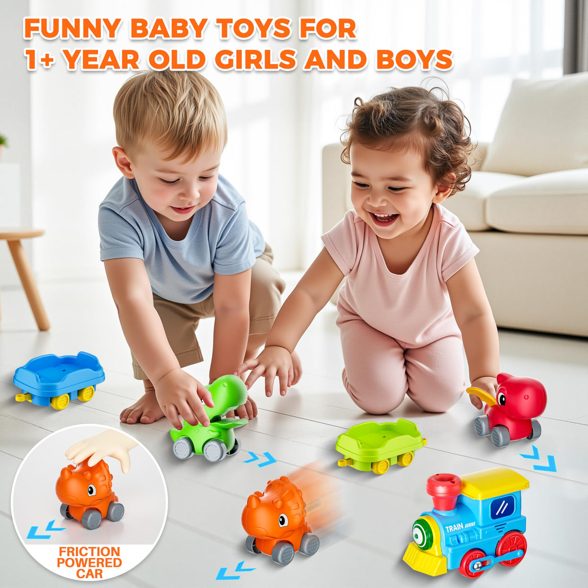 Dinosaur cars ride along Stay Fun train set on colorful track