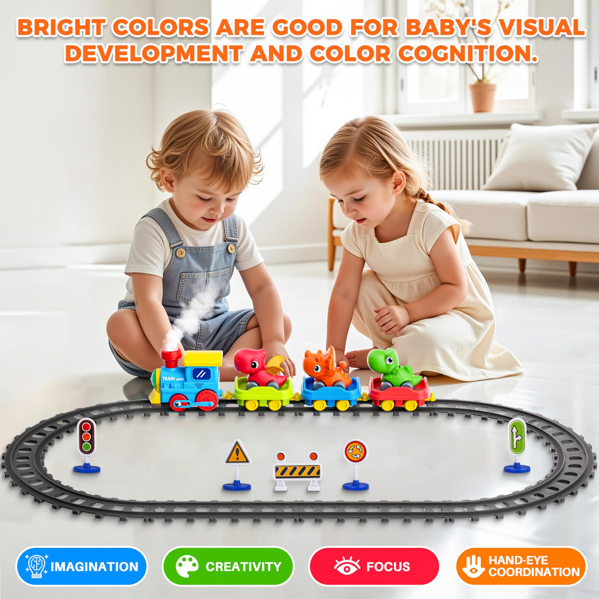 Stay Fun train set built with safe, durable plastic and rounded edges