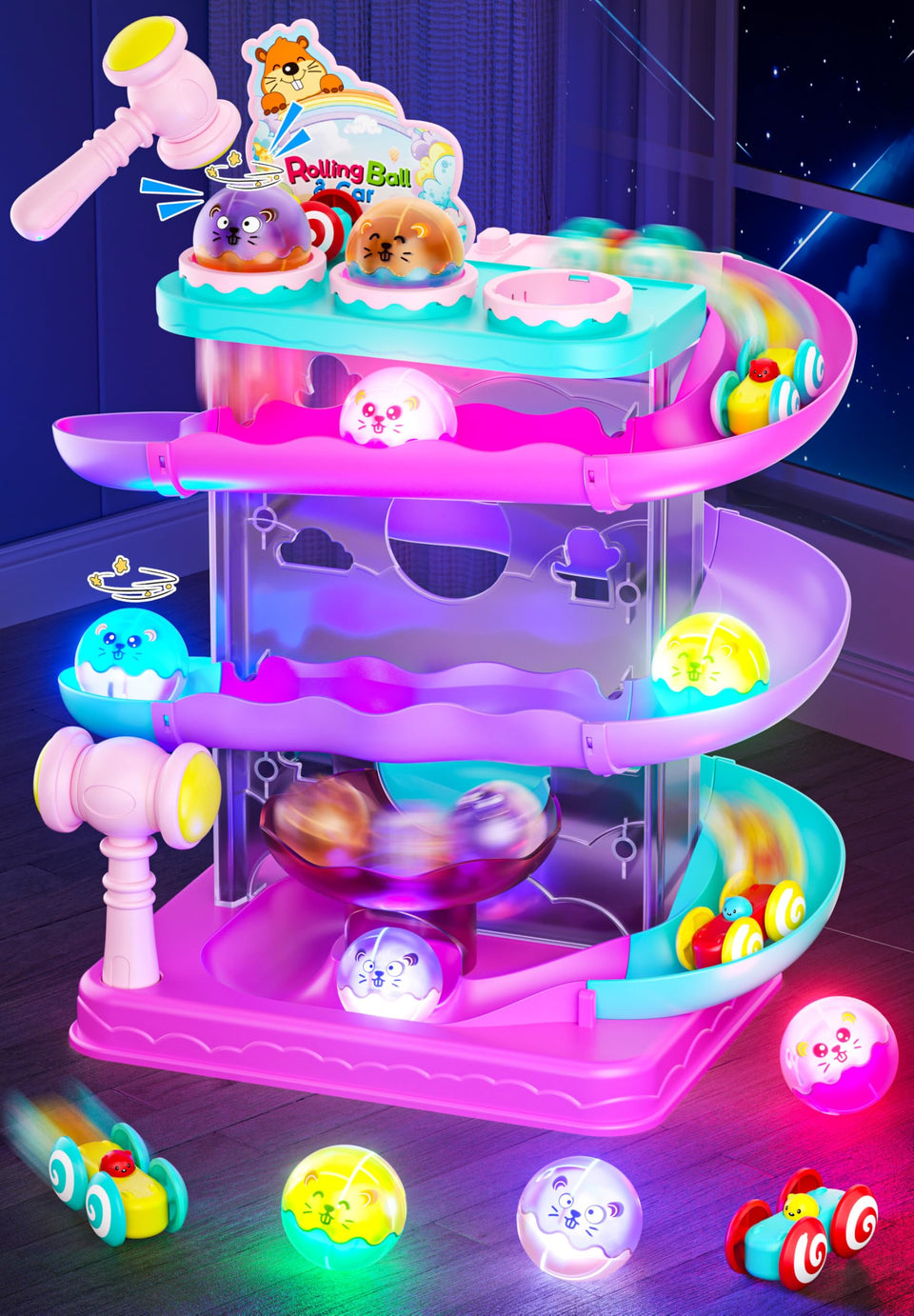 Stay Fun 2-in-1 rolling ball car ramp top view highlights vivid tracks for coordination