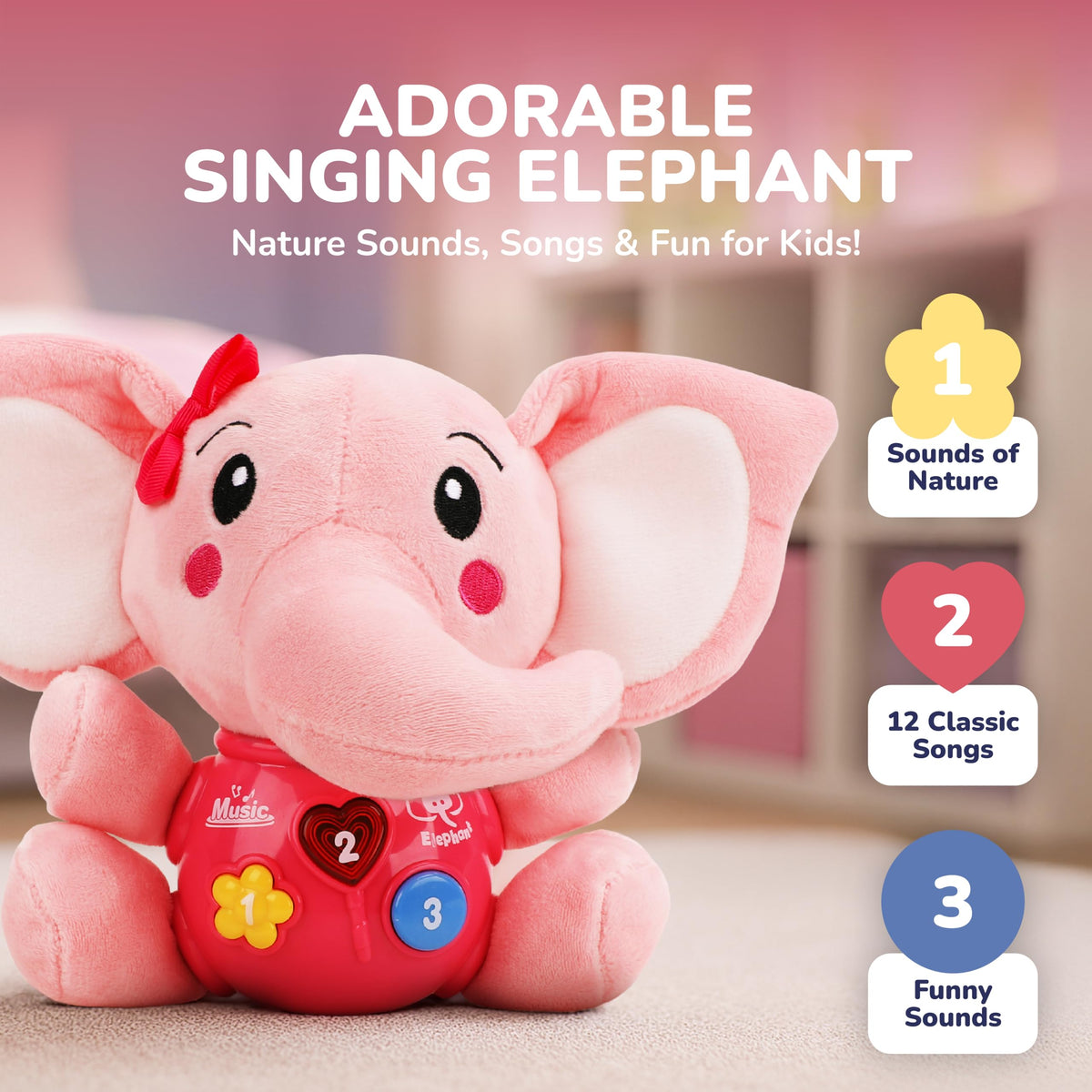 STEAM Life plush elephant pink plays 12 songs for auditory exploration.