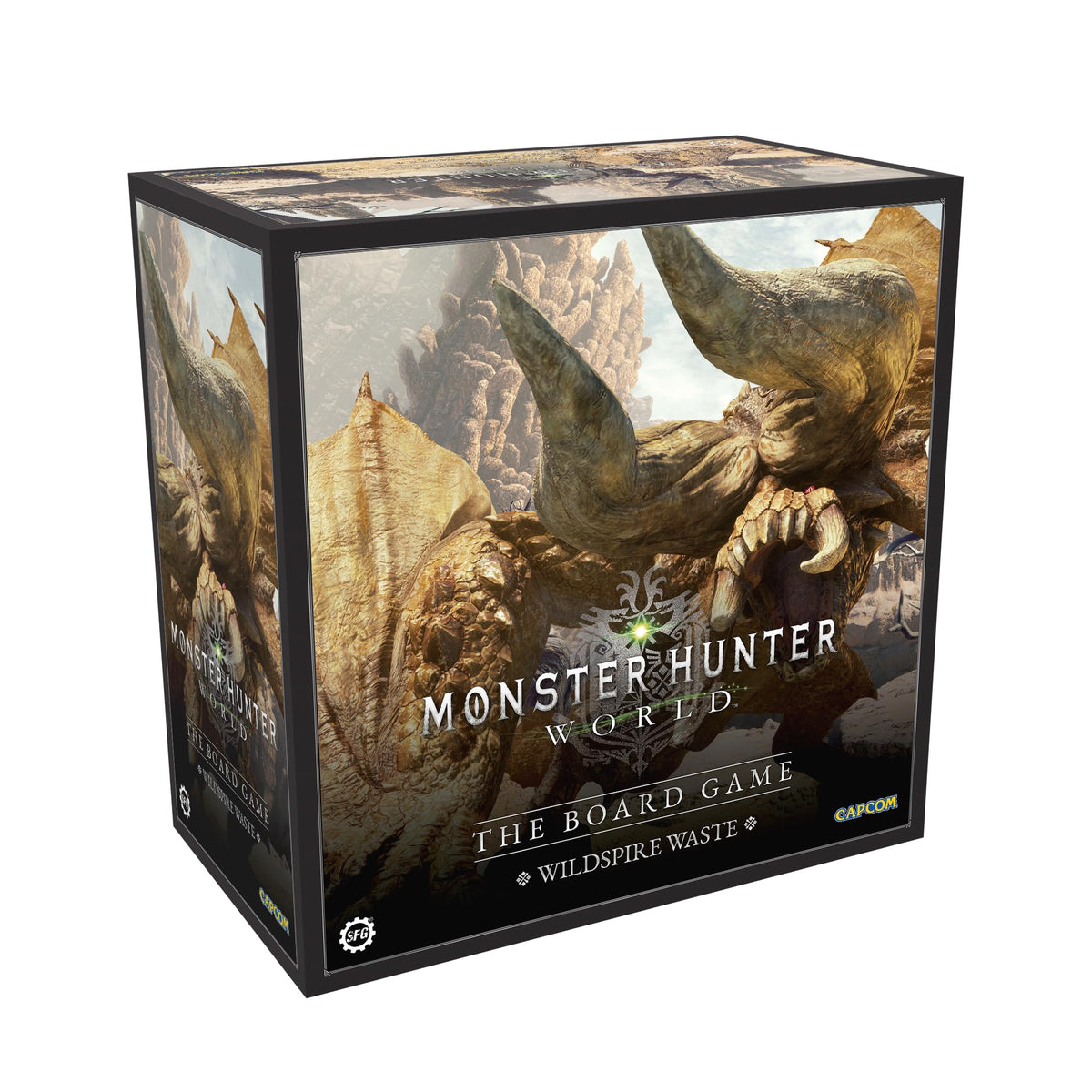 Steamforged Games Monster Hunter World: Wildspire Waste box art set up for an epic quest.