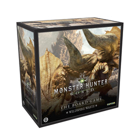 Steamforged Games Monster Hunter World: Wildspire Waste box art set up for an epic quest.