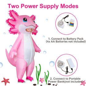 Stegosaurus axolotl costume with battery fan for quick effortless inflation