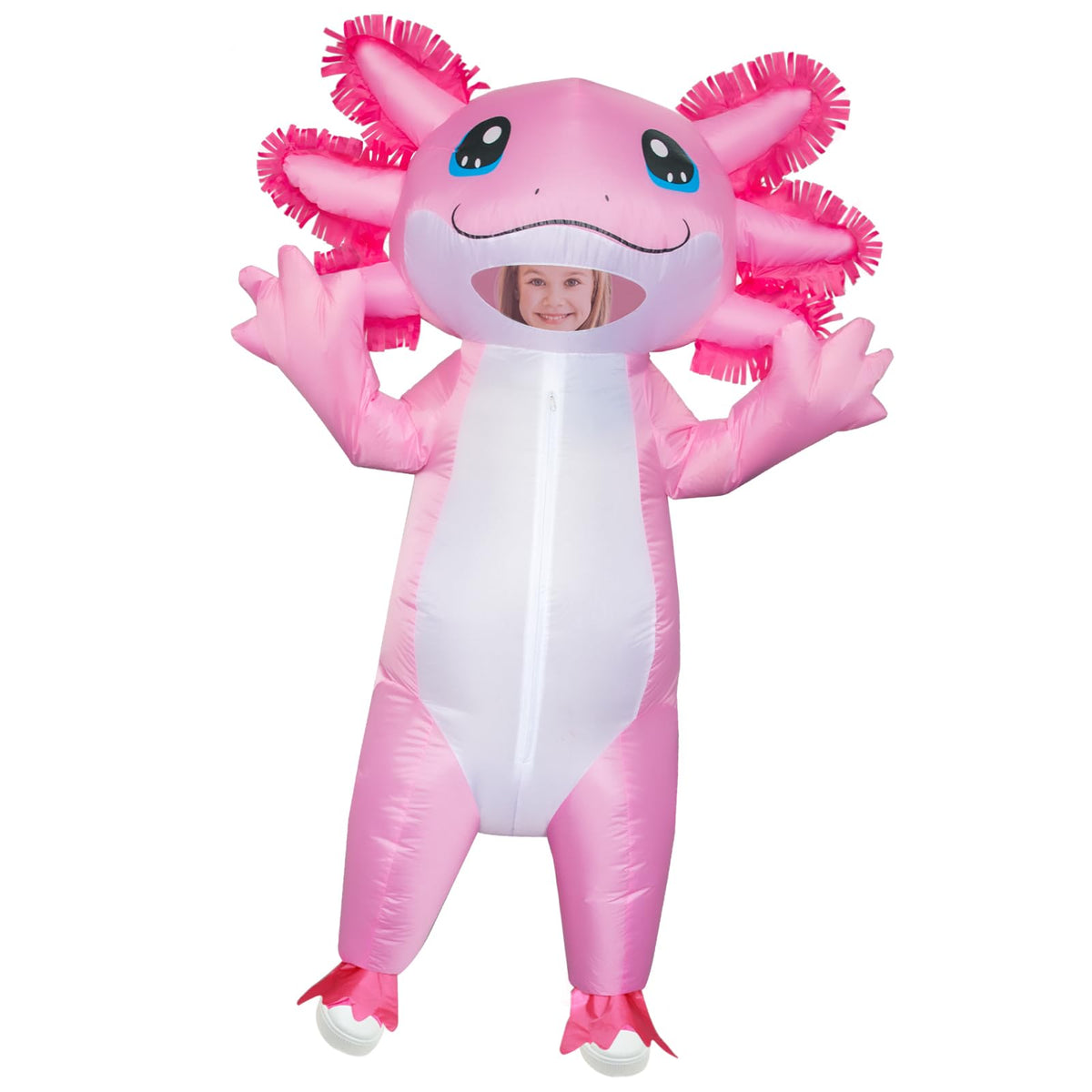 Stegosaurus inflatable axolotl costume kids head close-up for standout cosplay