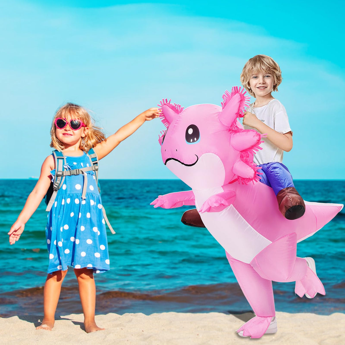 Stegosaurus inflatable axolotl costume inflated-ready setup in minutes