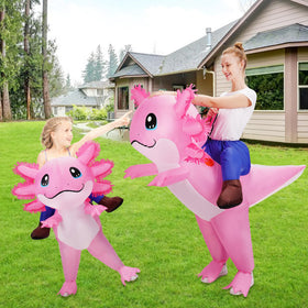 Stegosaurus inflatable axolotl kid ride-on feature in action