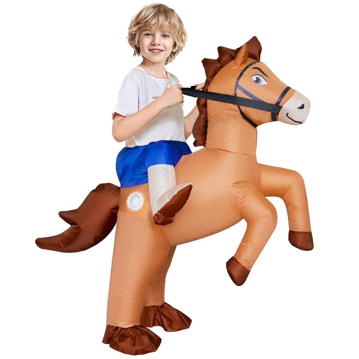 Stegosaurus inflatable horse costume front view for kids' Halloween fun