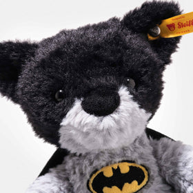 Steiff DC Batman teddy bear costume detail, embroidered logo, ideal for display and storytelling