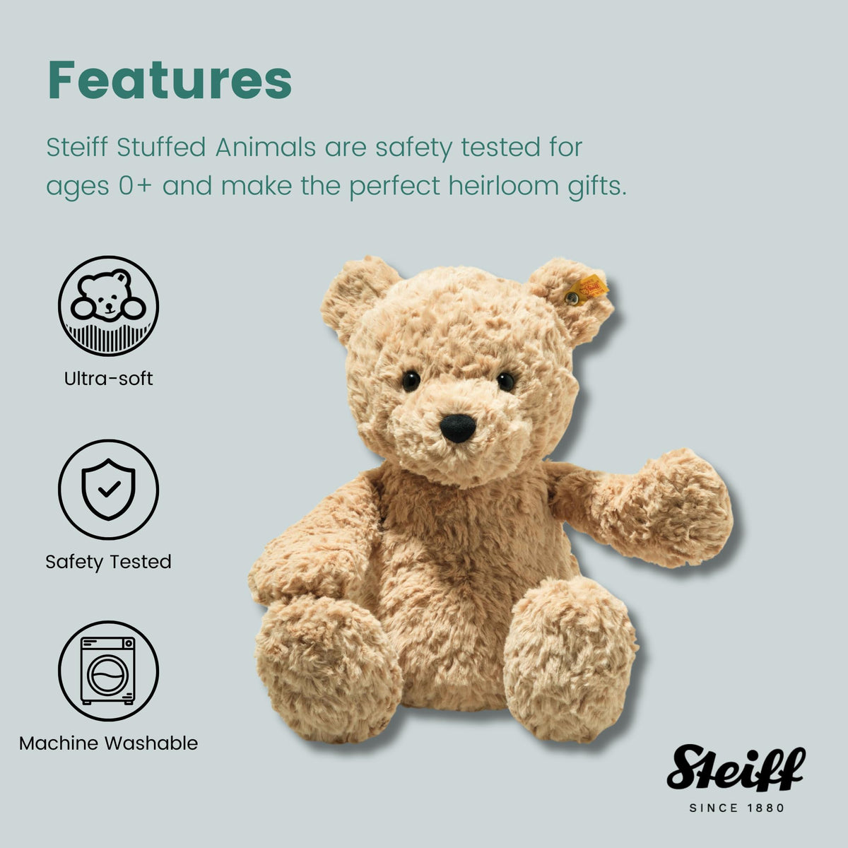 Steiff Jimmy Teddy Bear in premium plush for durable indoor and outdoor fun.