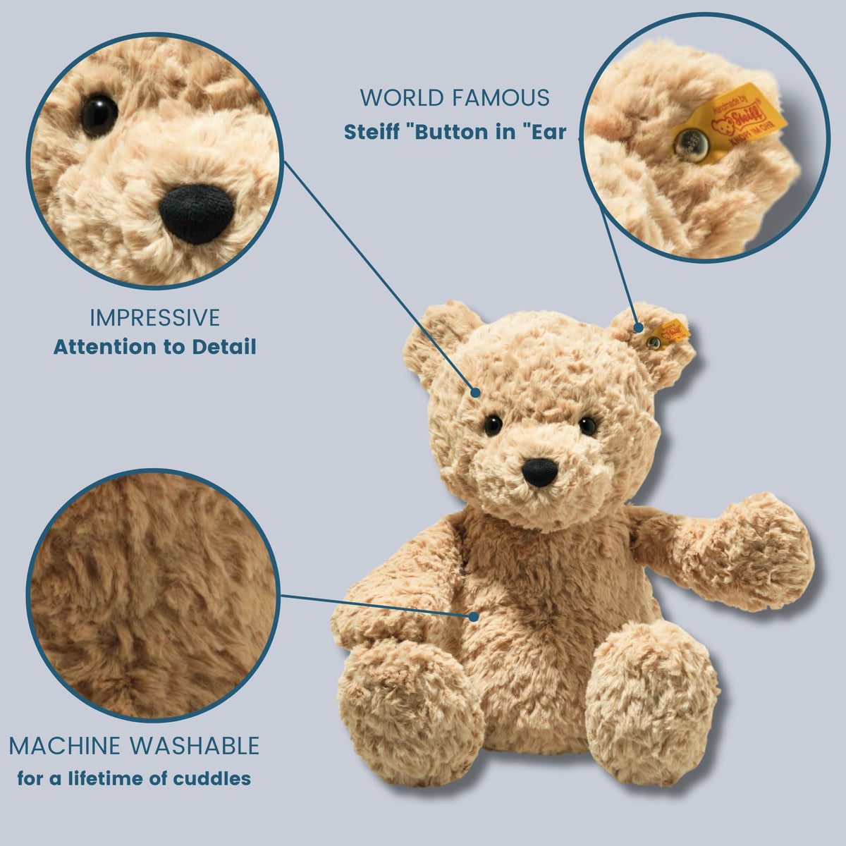 Steiff Jimmy Teddy Bear sits upright thanks to beanbag filling.