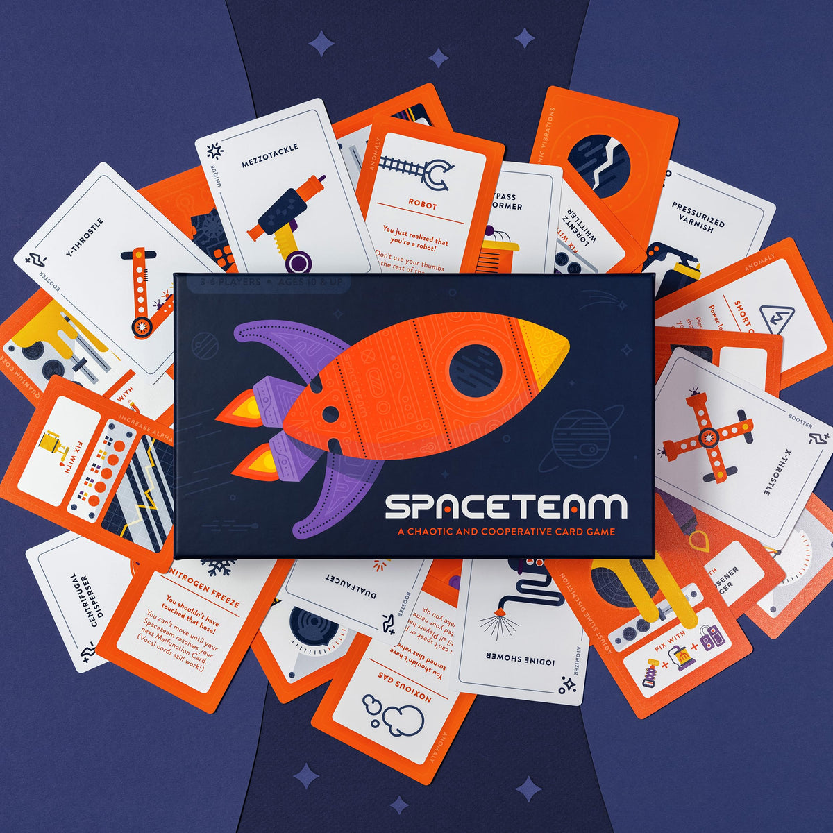 Stellar Factory Spaceteam game-night setup with 3-6 players ready to play