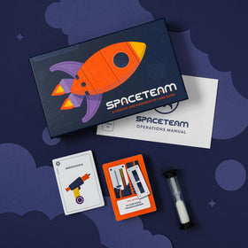 Stellar Factory Spaceteam spaceship cards spread showing waterproof durability