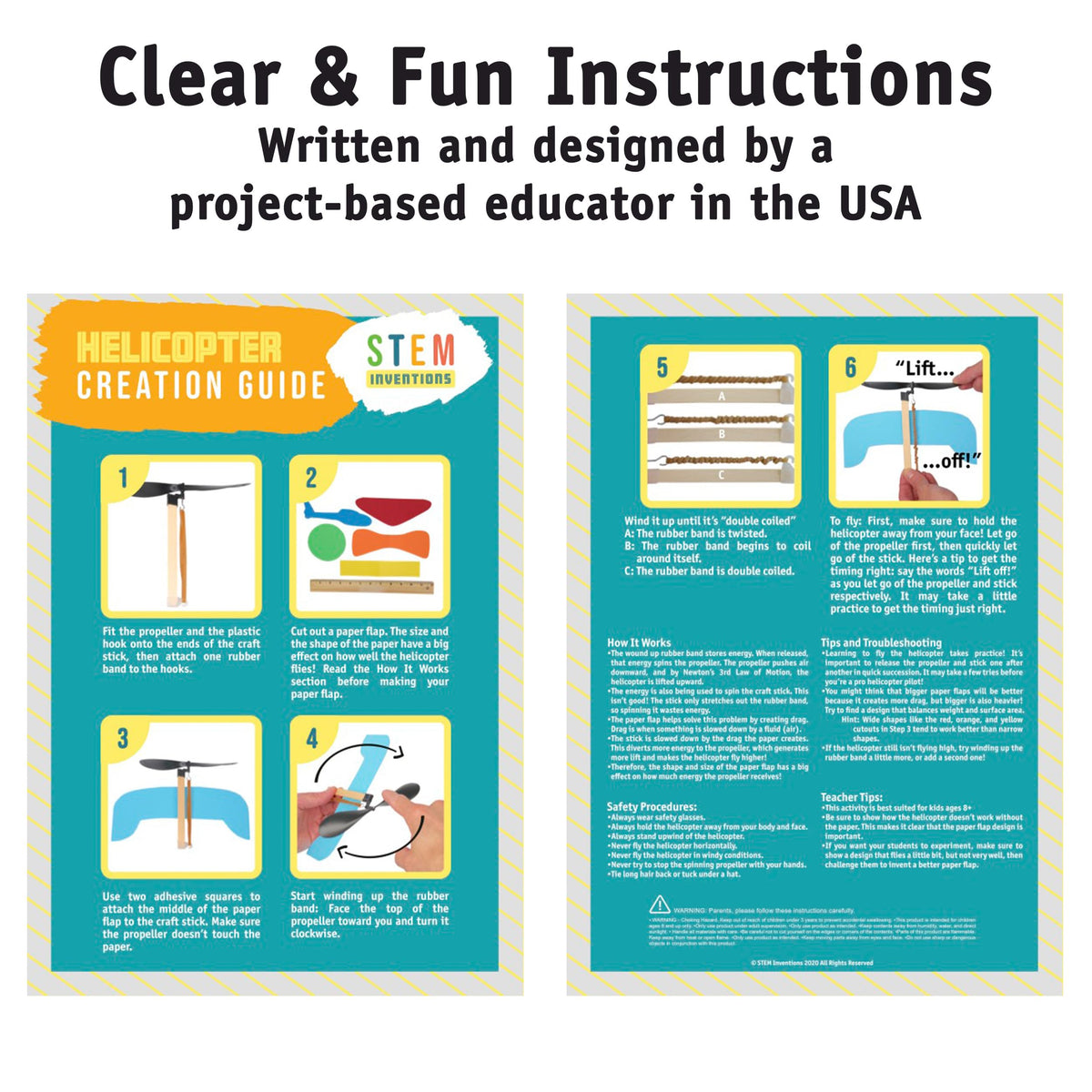 STEM Inventions rubber band helicopter kit showing assembly steps for hands-on practice.