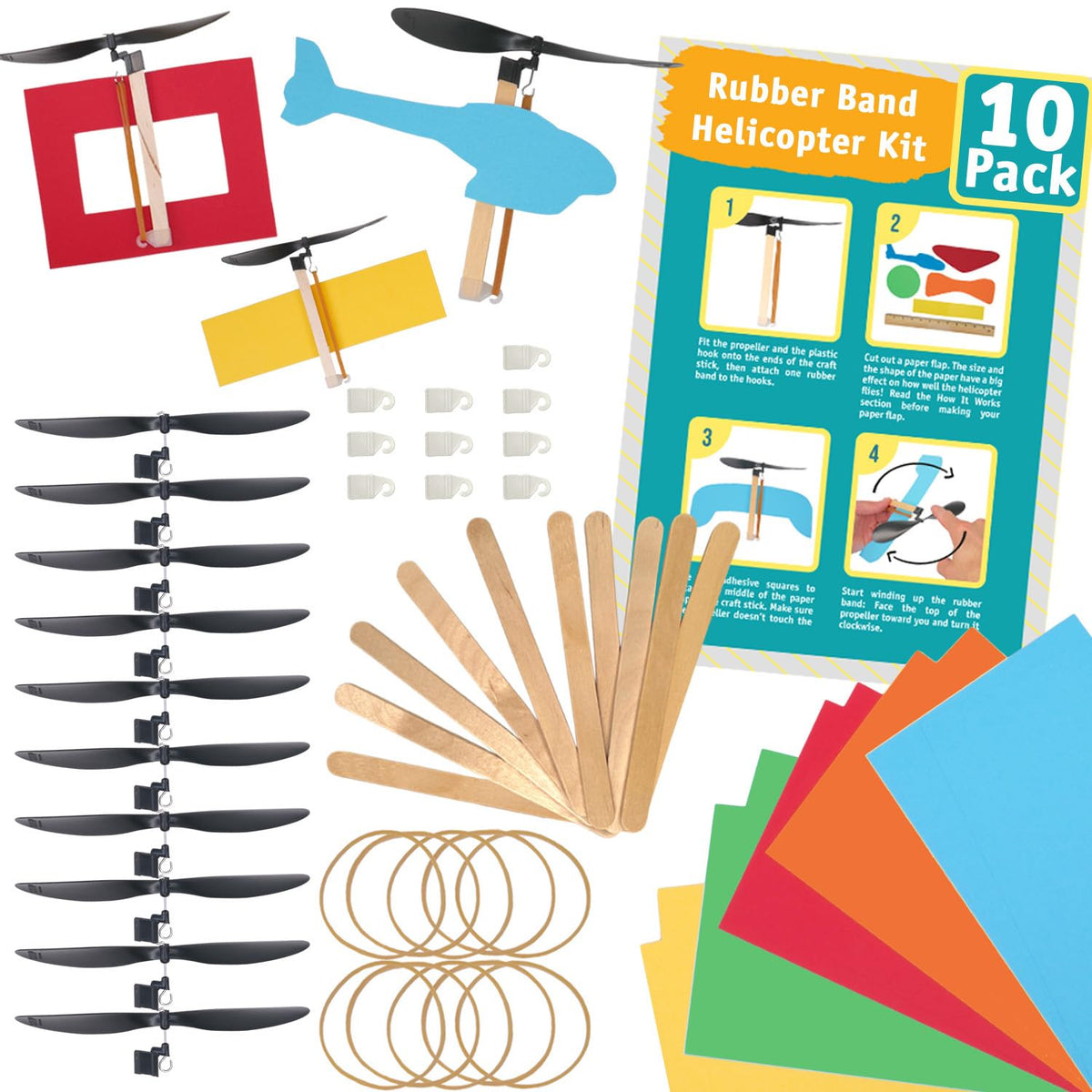 STEM Inventions rubber band helicopter kit close-up of assembly steps for hands-on learning.