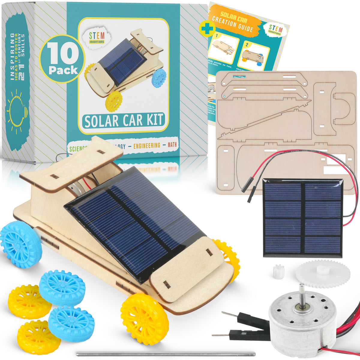 STEM Inventions solar car kit 10-pack for group classroom activities.