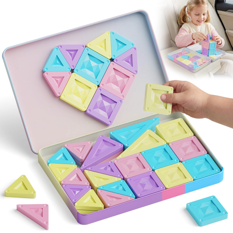 STEM MATCH Mini Magnetic Tiles in pastel macaron colors for quiet car trips.