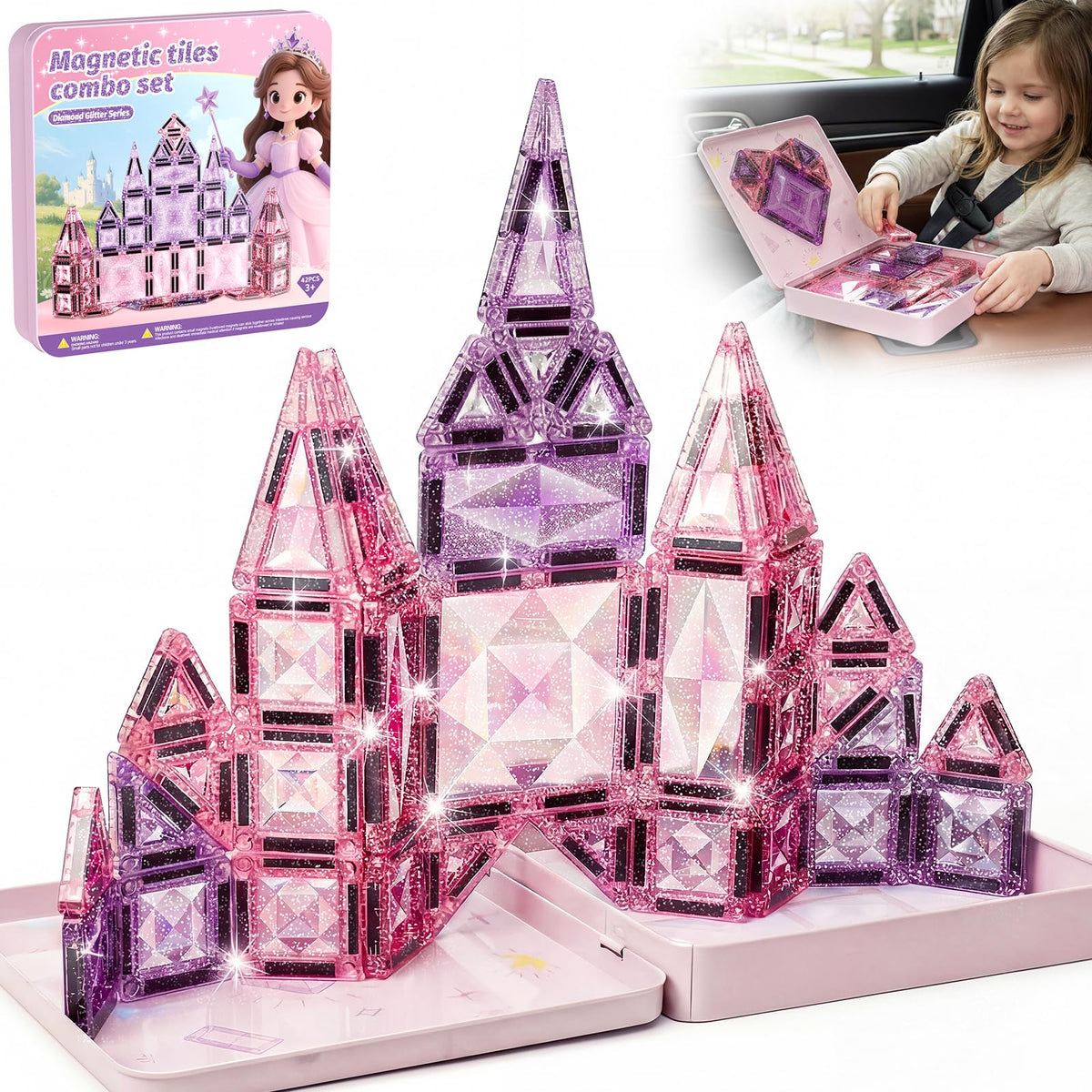 STEM MATCH pink glitter castle tin box with magnetic tiles for tidy travel play.