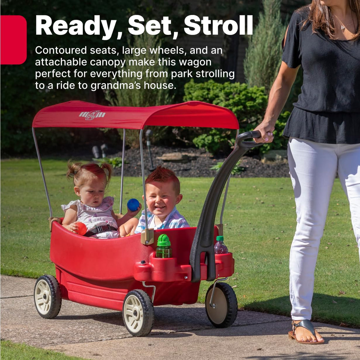 Step2 All Around Canopy Wagon with seating mode offers comfortable rides