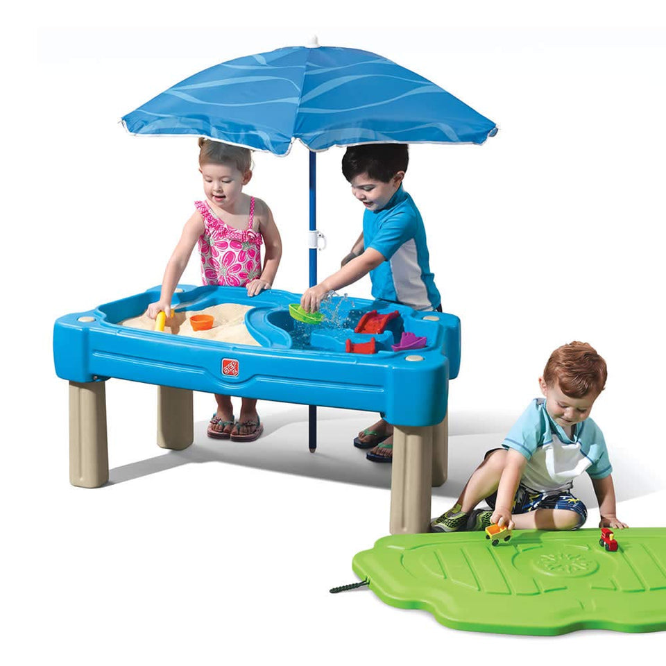 Step2 Cascading Cove table front view showing dual sand and water areas for shared play.