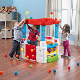 Step2 Crazy Maze roof toss with rainbow balls enhances sensory play.