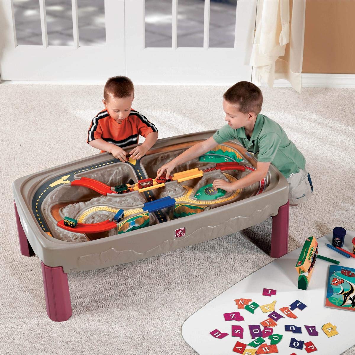 Step2 Deluxe Canyon Road Train Table lid closed, ready for crafts and snacks.