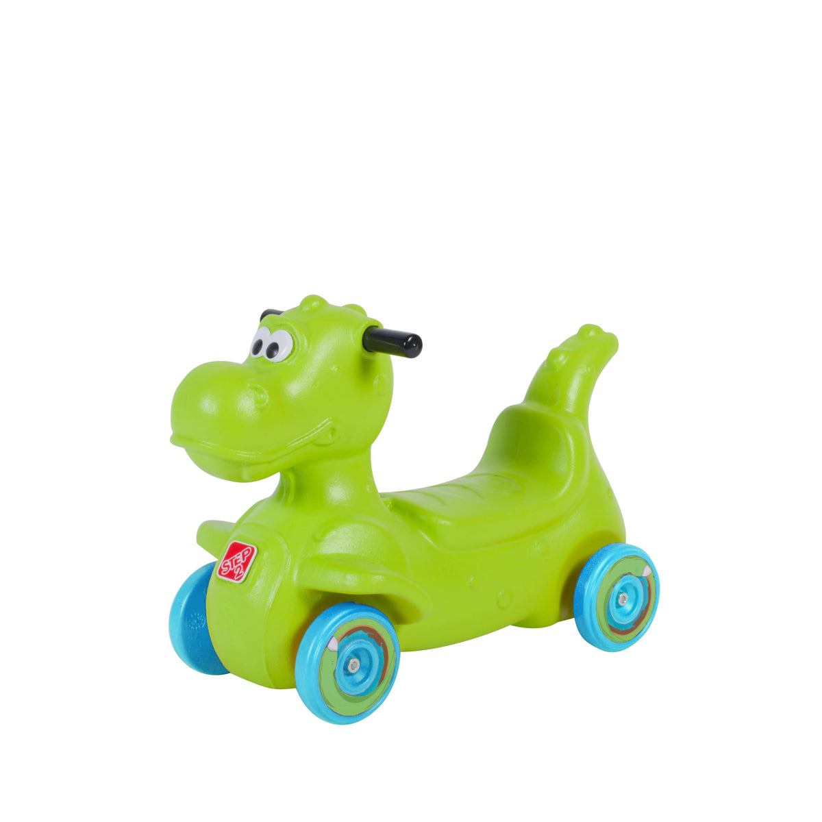 Step2 Dino Dash front view shows a sturdy green ride-on fostering balance and independence.