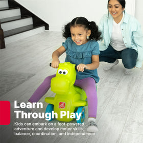 Step2 Dino Dash side view highlights four-wheel stability for safe indoor or outdoor play.