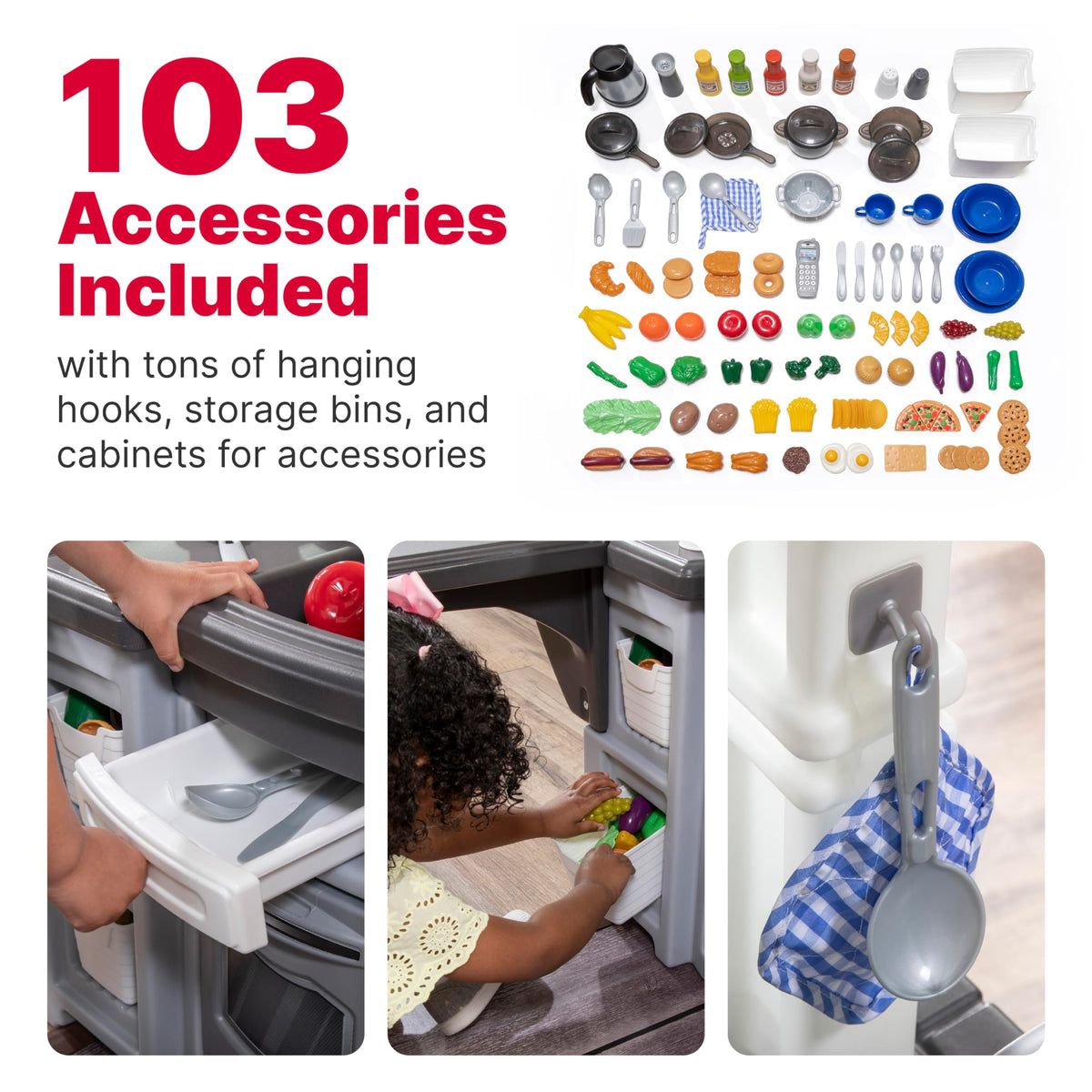 Step2 Grand Walk-In Kitchen and Grill 103-piece accessory set supports creative role play.