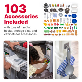 Step2 Grand Walk-In Kitchen and Grill 103-piece accessory set supports creative role play.
