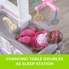Step2 Love and Care Deluxe Nursery highchair fits standard 16-inch dolls for mealtime pretend play.