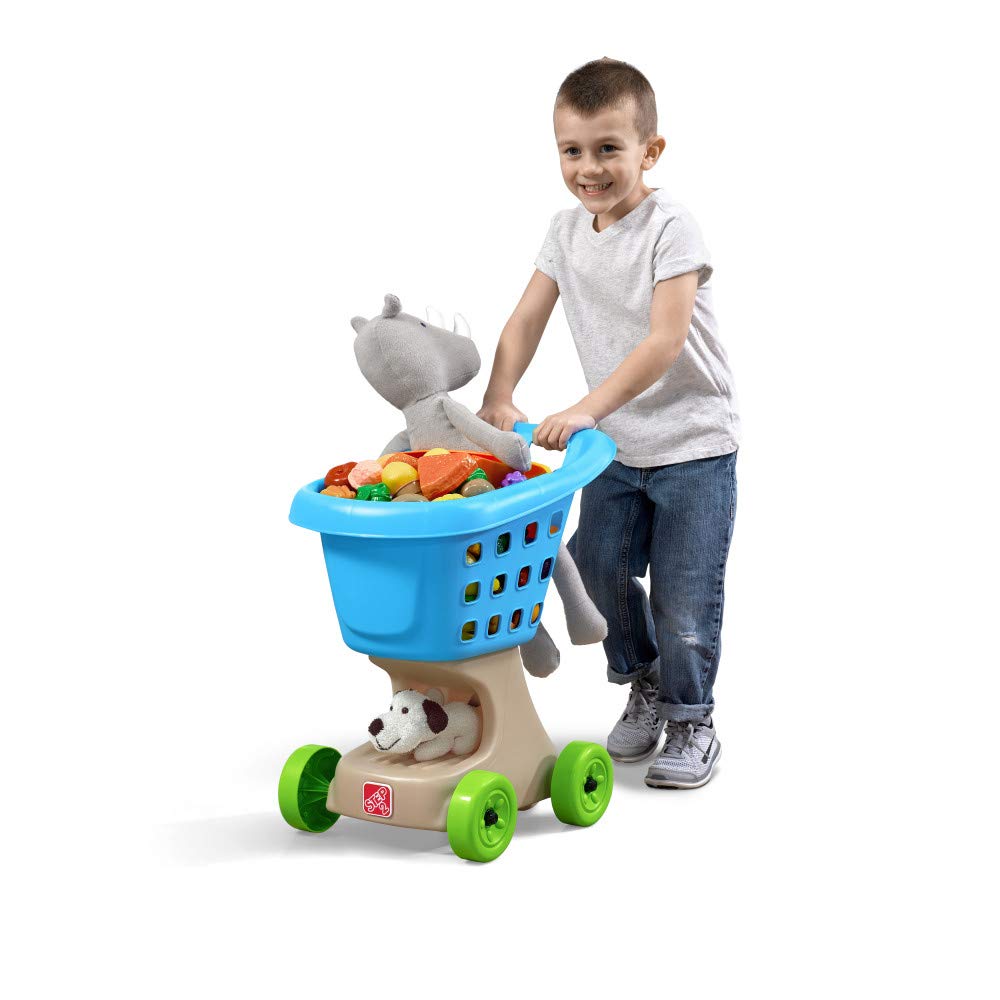 Step2 Little Helper's Shopping Cart front view in blue, durable toy cart for imaginative play