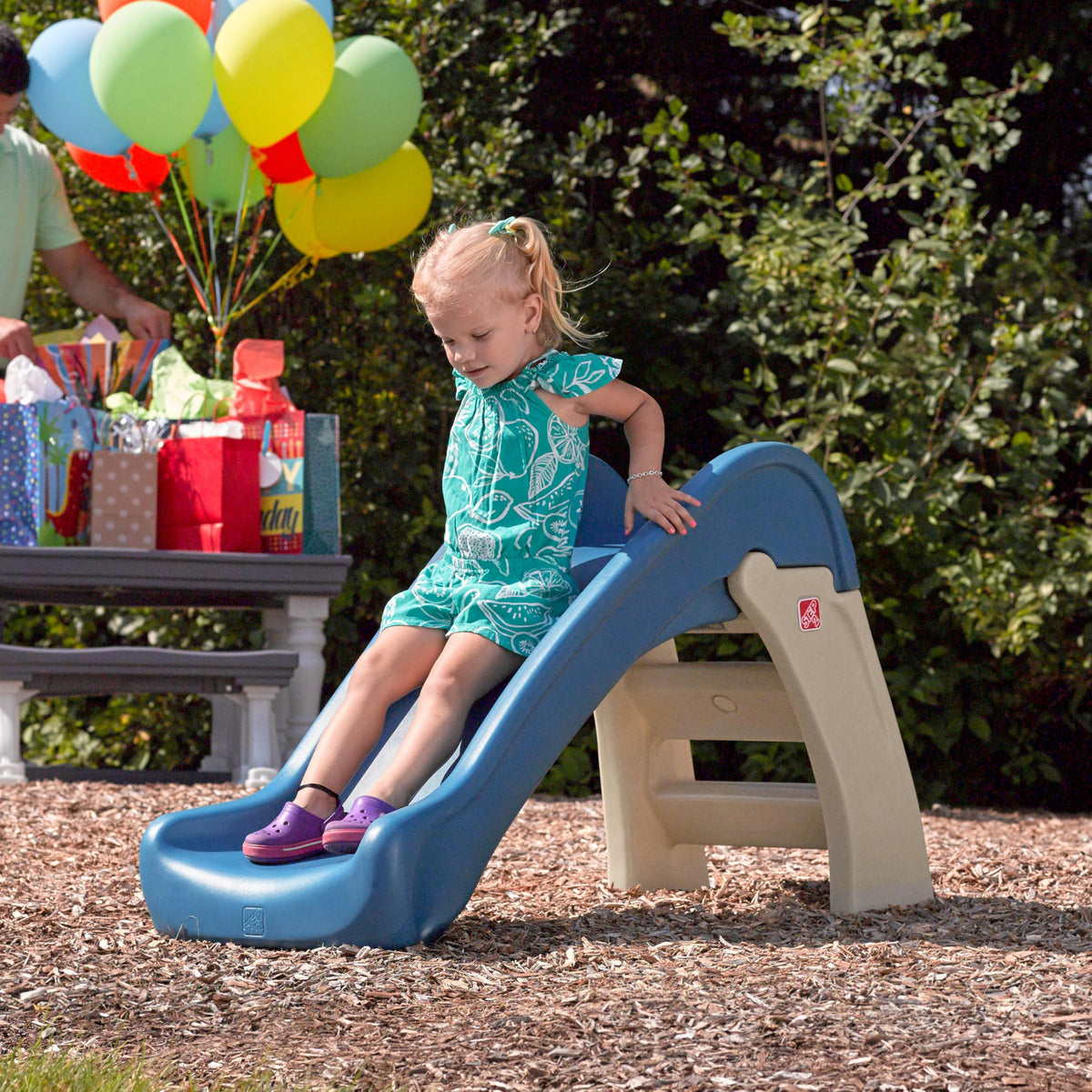 Step2 Play & Fold Jr Slide back view emphasizes spacious platform and safe entry