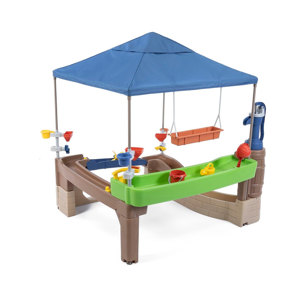 Step2 Pump & Splash Shady Oasis pavilion invites toddlers to explore interactive water play outdoors.