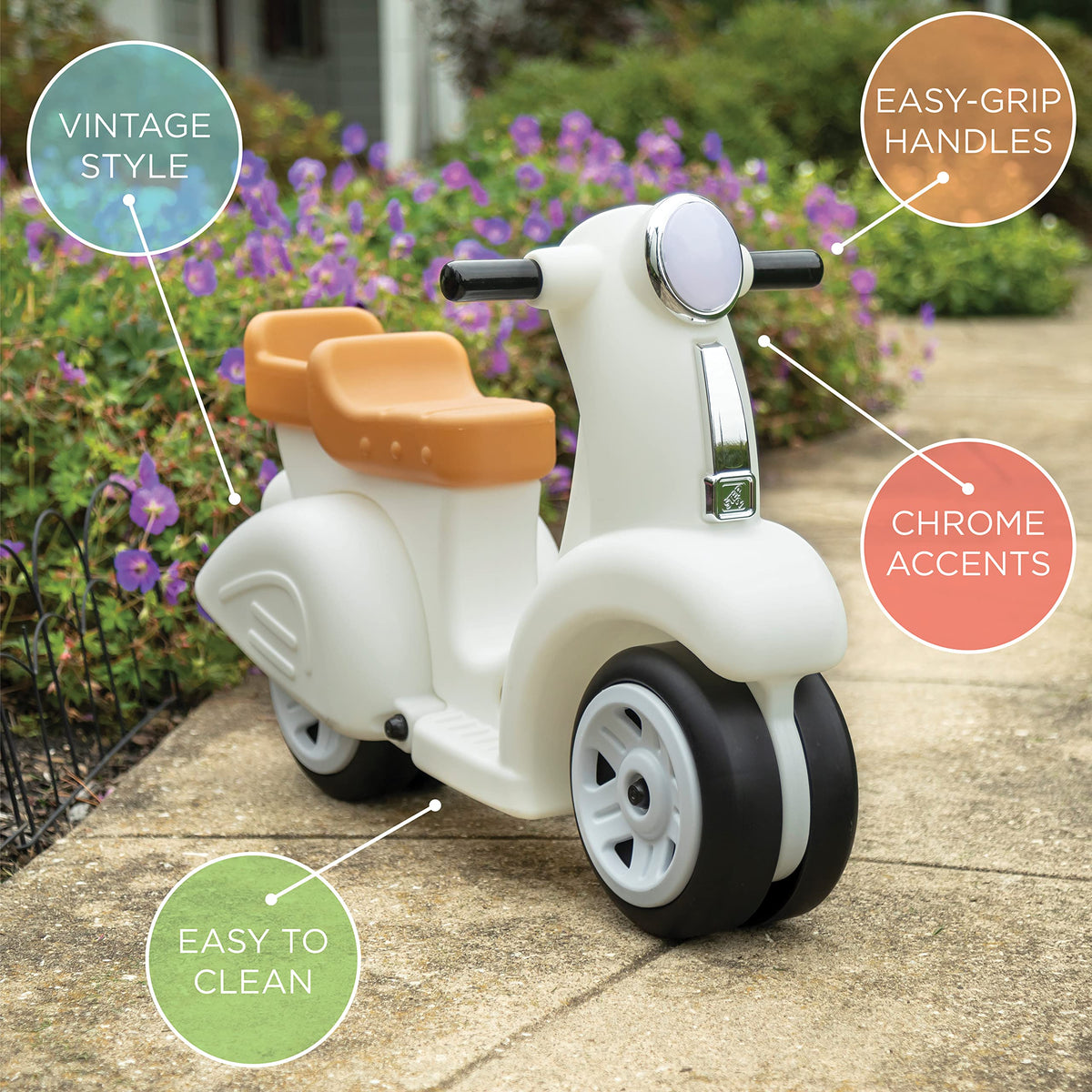 Step2 Ride Along scooter white outdoor use, indoor versatility.