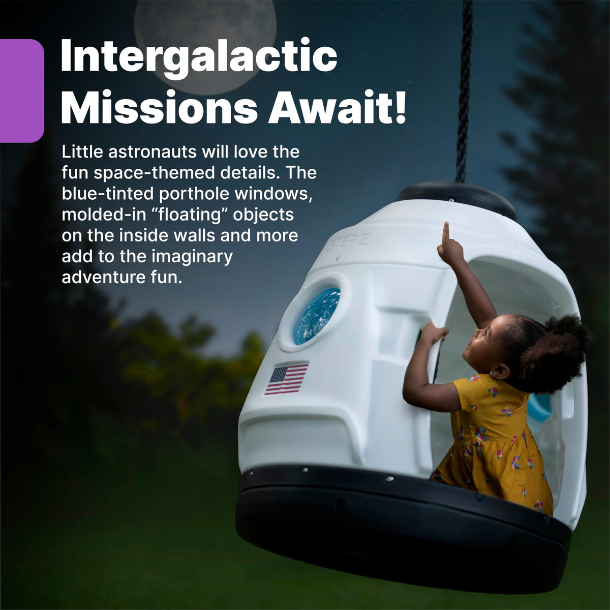 Step2 Space Capsule Swing attaches to tree or playset for versatile use