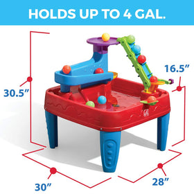 Step2 STEM Discovery Ball Table rain shower action demonstrates interactive water play.