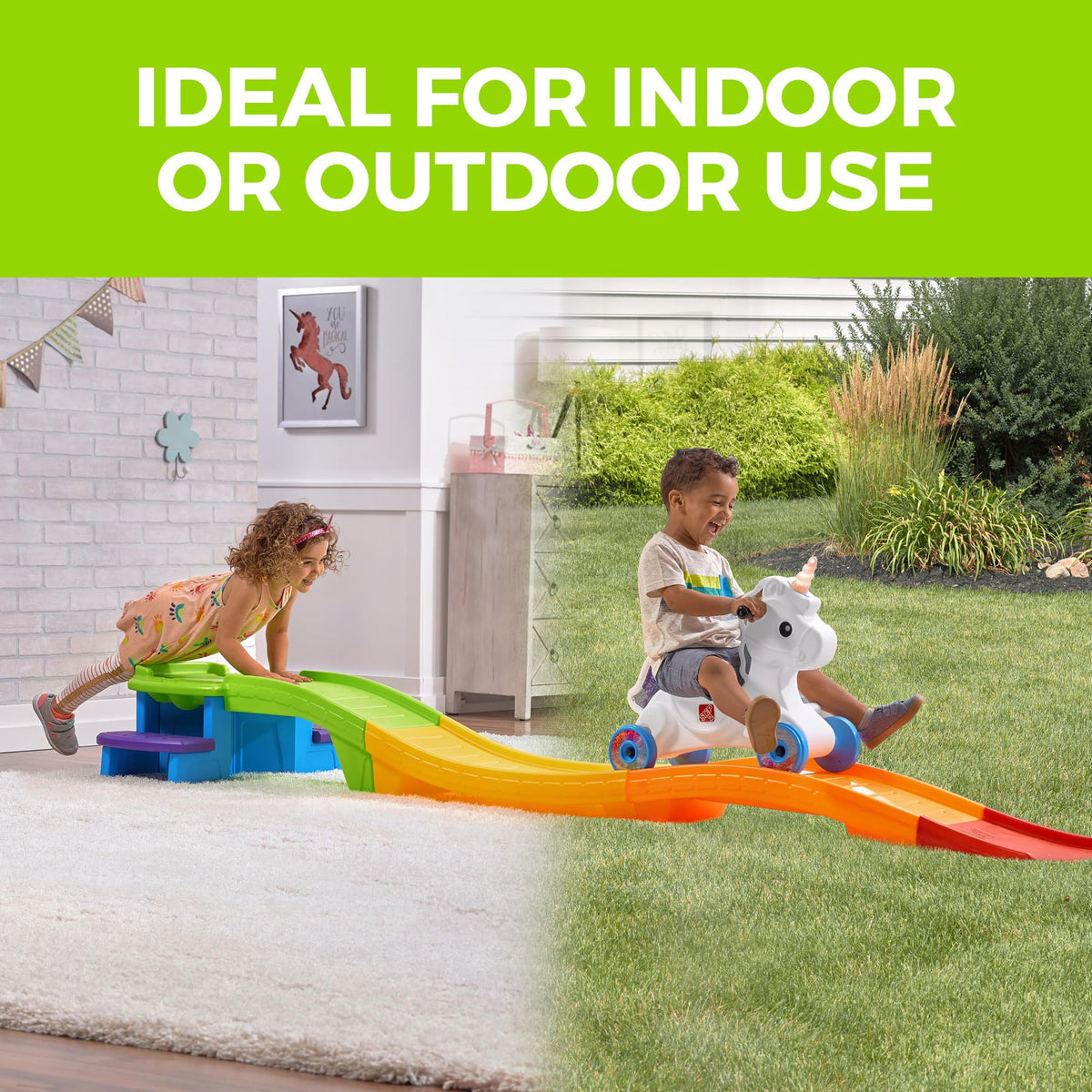Step2 unicorn ride-on toy outdoors provides active social play with friends.
