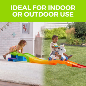 Step2 unicorn ride-on toy outdoors provides active social play with friends.