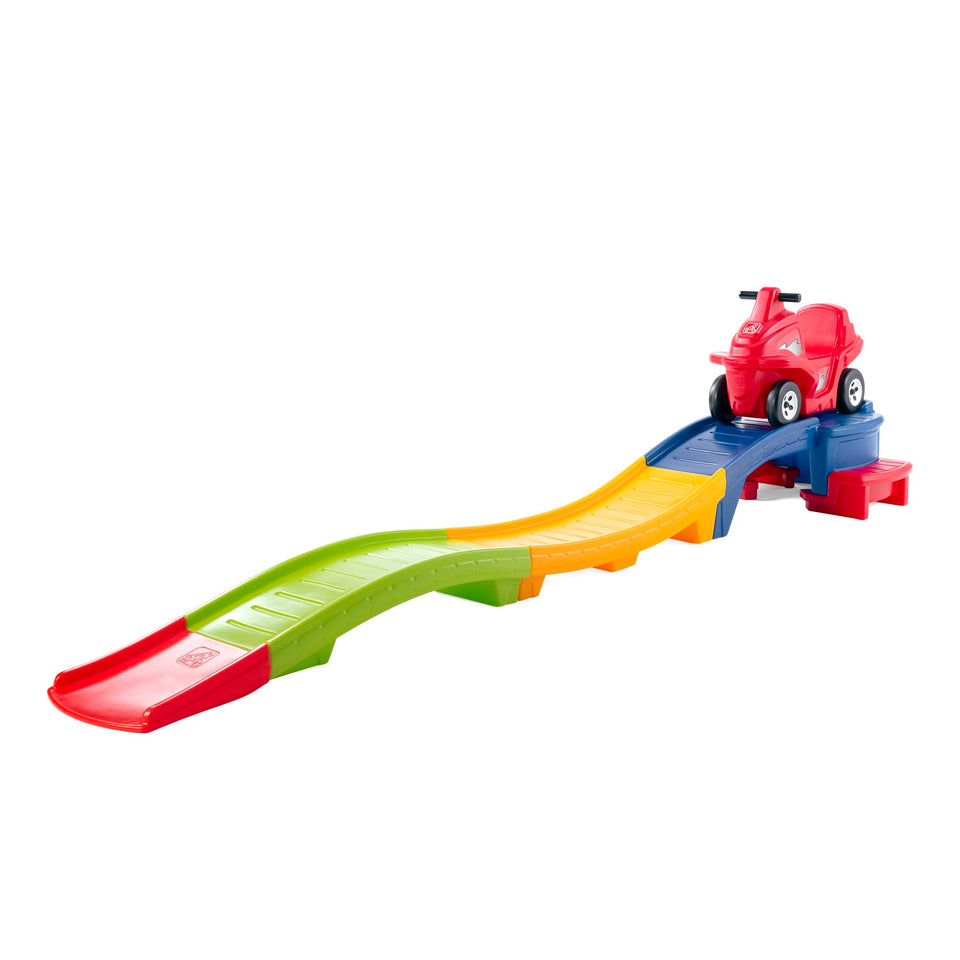 Step2 up-and-down roller-coaster track assembly demonstrates simple home setup for kids.