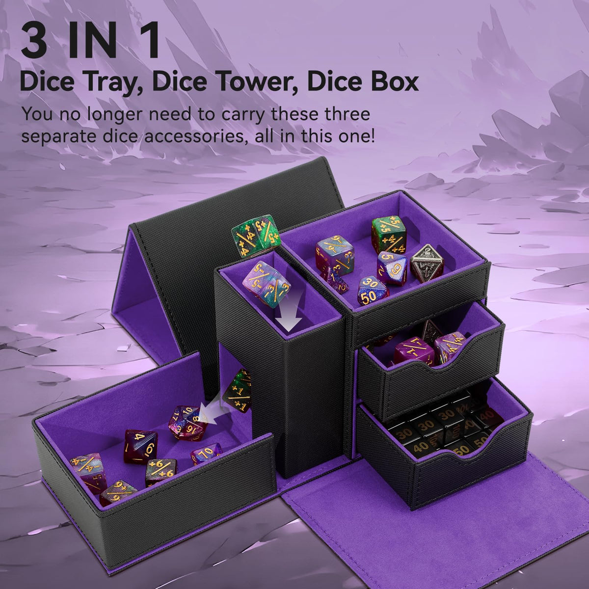 Inside view of the Stepane dice box showing organized compartments and velvet lining.
